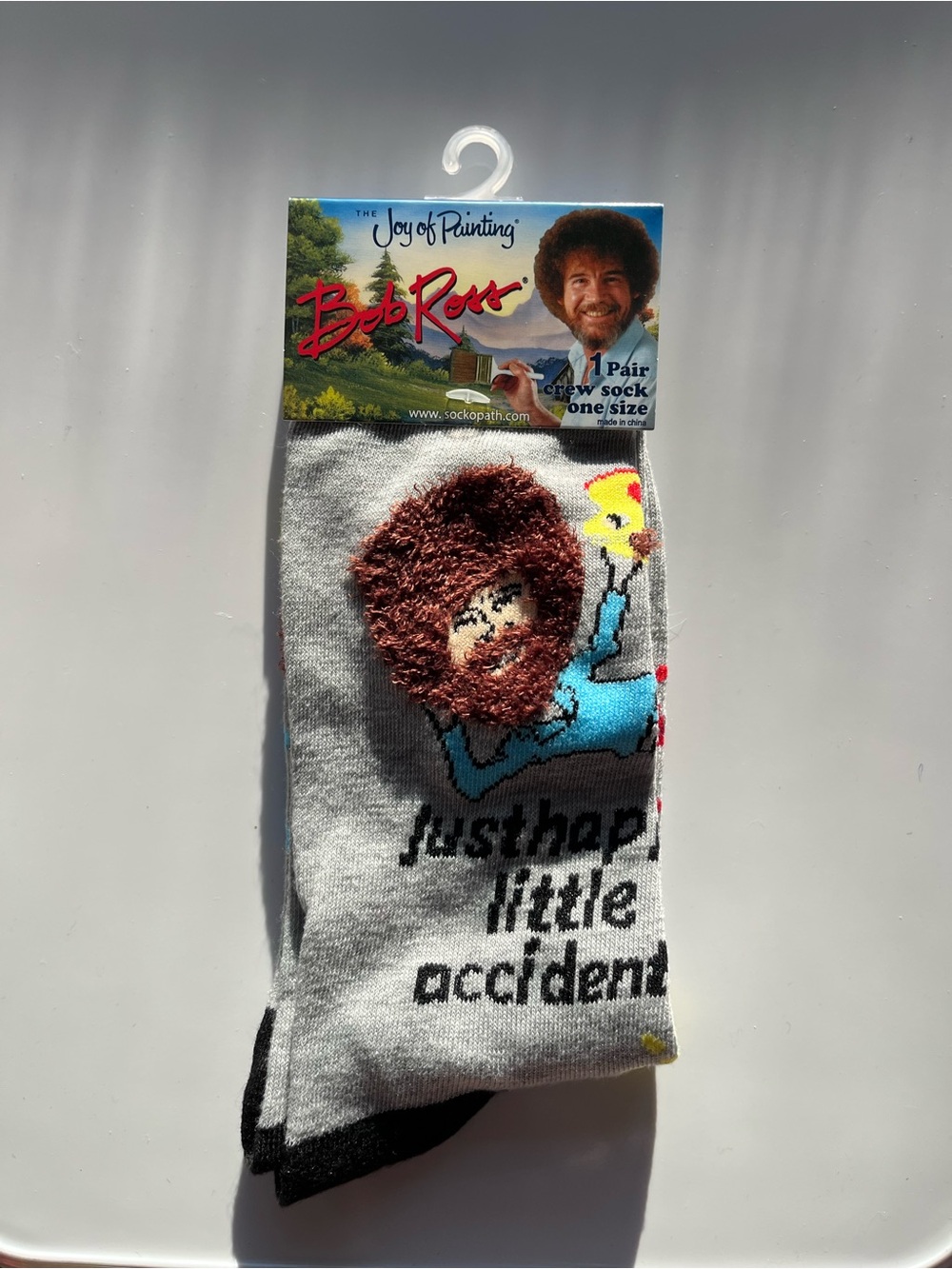 Bob Ross The Joy of Painting "Just Happy Little Accidents" Gray Crew Socks